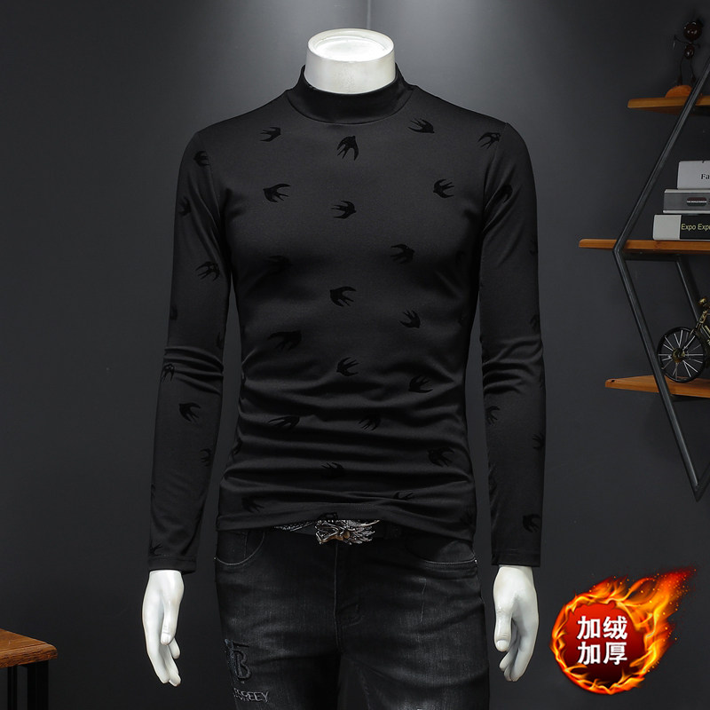 钱塘6016-CC2113-P90植绒加绒加厚高领打底衫长袖T恤男装黑色，男装T恤，钱塘6016
