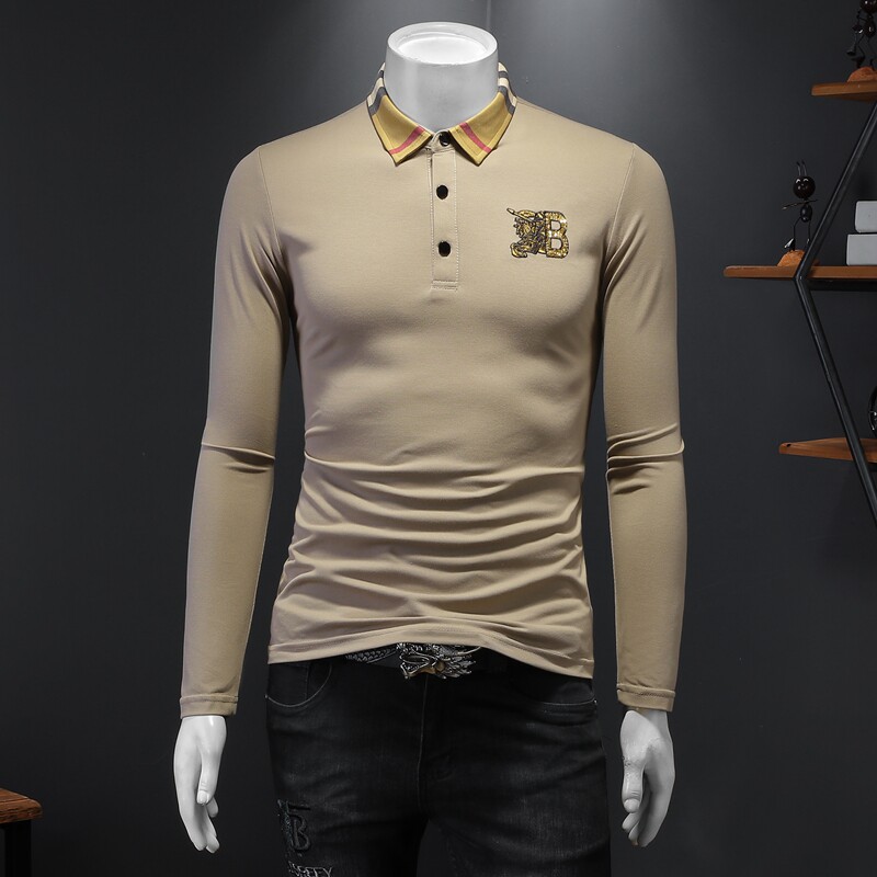 新款春季长袖打底衫男T恤翻领polo衫6016-E2930-P85杏，男装Polo衫，钱塘6016