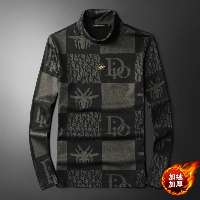 新款秋冬男装高领印花长袖T恤钱塘6016-C3321-P85绿色平铺,男装T恤,钱塘6016