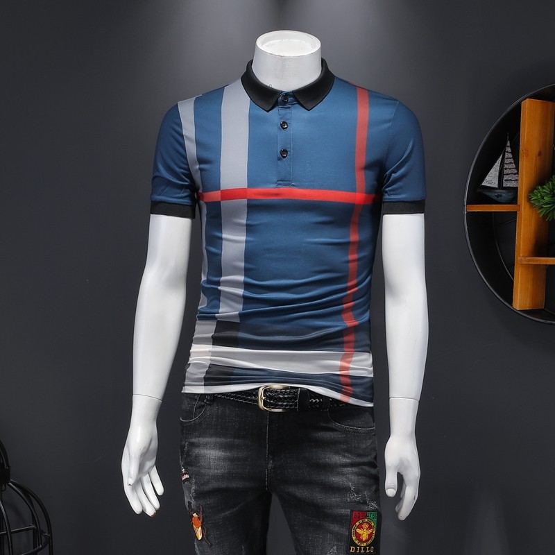 2024新款欧洲站格子丝光棉大码Polo衫钱塘6016-9254P65假模蓝色图片
