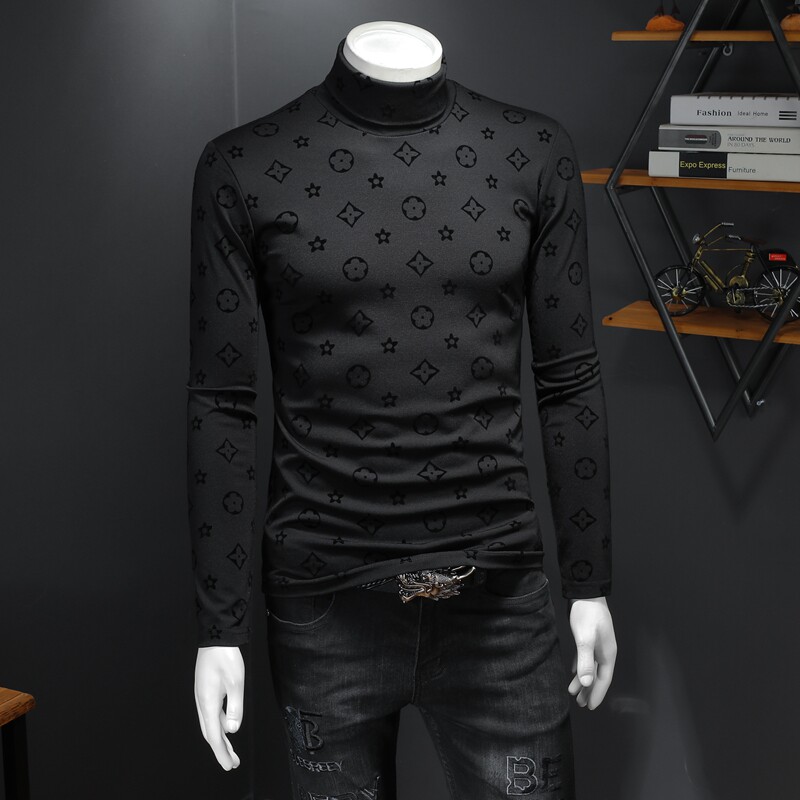 钱塘6016-CC2200-P95植绒加绒加厚高领打底衫长袖T恤男装黑,男装T恤,钱塘6016