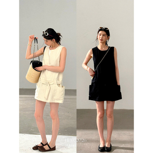 HEYGIRL黑哥 智性漫游 棉麻工装风配本布腰带无袖大口袋连衣裙
