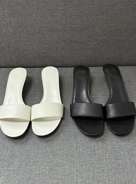 2024羊皮新款无标舒适粗跟一字拖黑色白色真皮简约素面百搭女拖鞋
