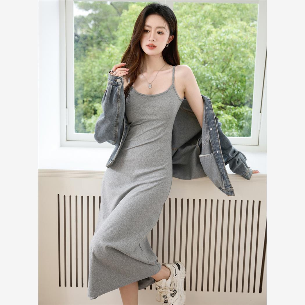 过膝到脚踝吊带连衣裙女夏2025新款纯棉背心长裙百搭修身显瘦裙子