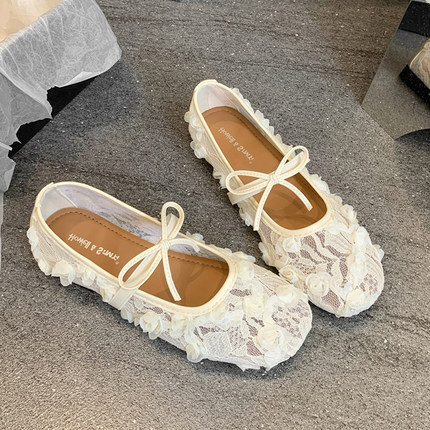 法式蕾丝网纱单鞋女夏季新款仙女风温柔配裙子平软底透气玛丽珍鞋