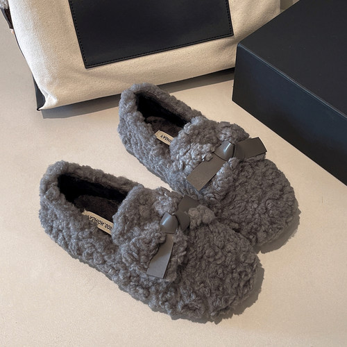 洋气羊羔毛毛单鞋女外穿秋冬季新款时尚一脚蹬蝴蝶结加绒保暖单鞋