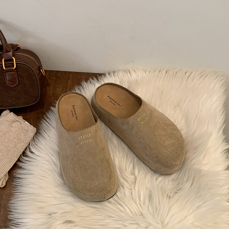 复古勃肯包头拖鞋女内增高2025新款春秋时尚厚底磨砂皮加绒半拖鞋