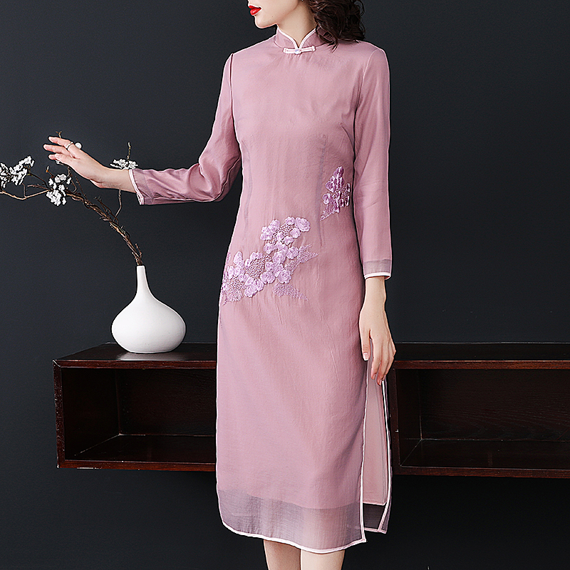 旗袍中年女2019新款秋季婚礼妈妈装婚宴中长款结婚岳母礼服连衣裙有赠品