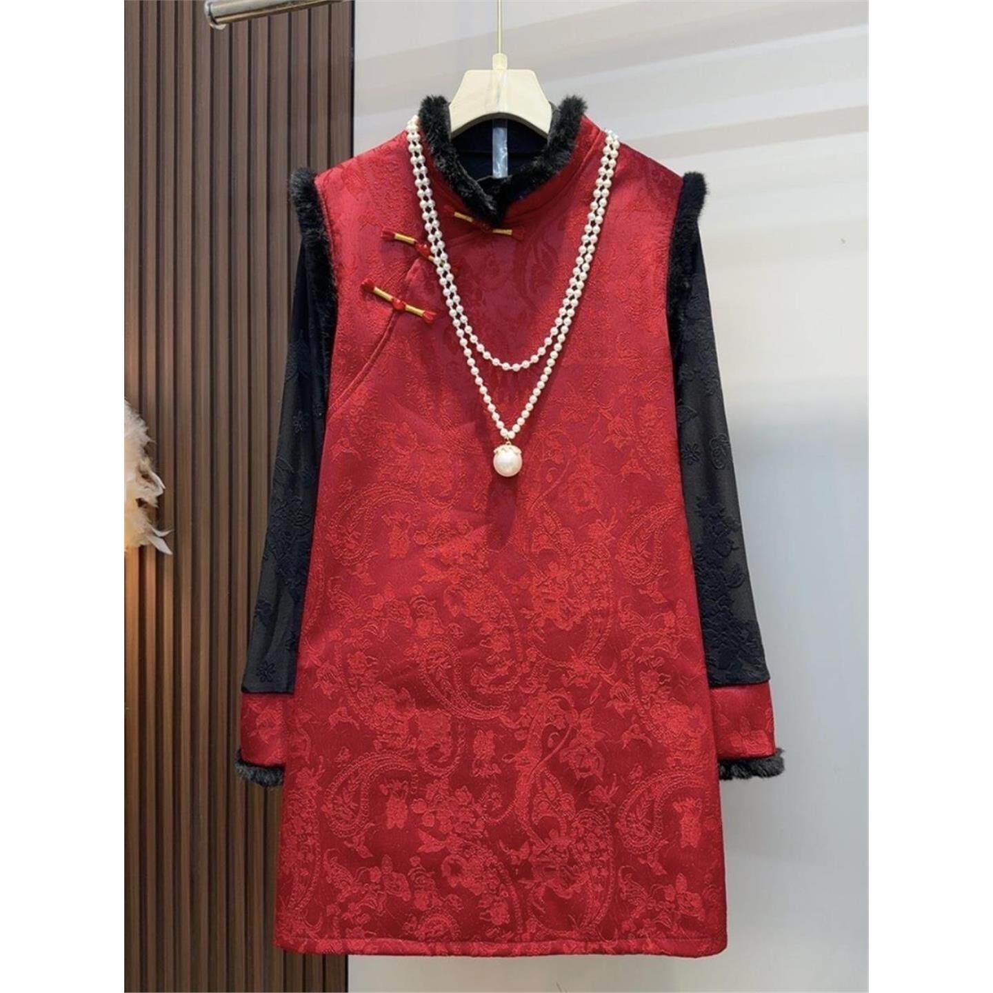 2025秋冬大码女装好看简约百搭显瘦新中式国风马甲连衣裙内搭套装