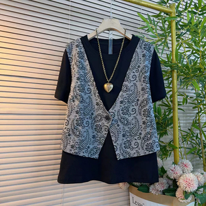 2025夏季减龄新款大码女装胖MM假两件设计感复古国潮高级革百搭衫