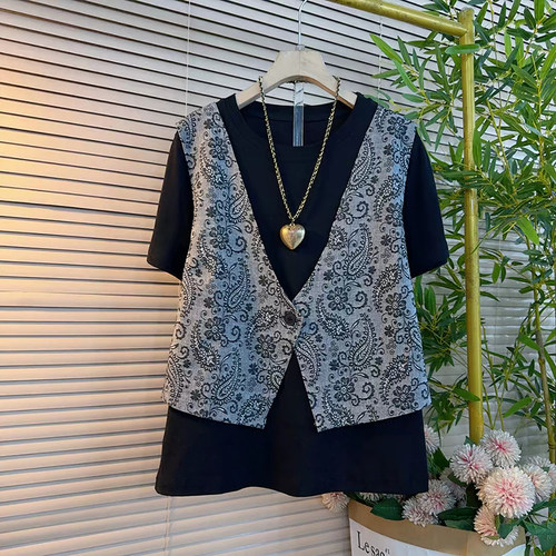 2025夏季减龄新款大码女装胖MM假两件设计感复古国潮高级革百搭衫