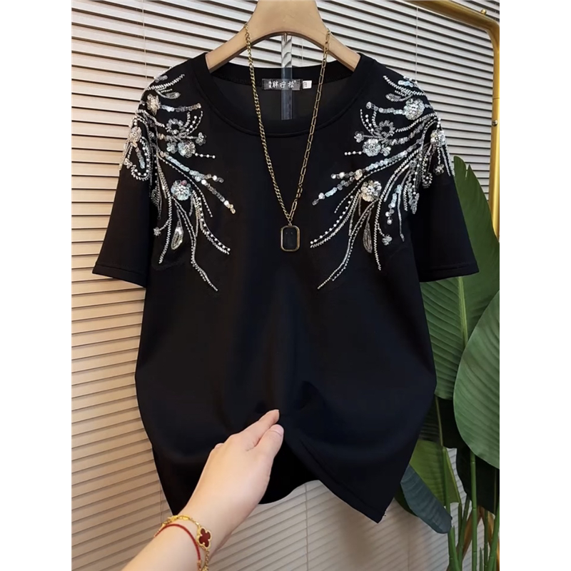 大码女装2025春季新款短袖t恤女显瘦重工上衣胖妹妹胖mm半袖黑色