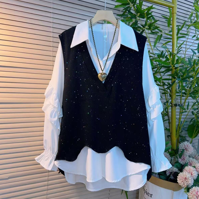 大码女装秋冬时尚学院风针织套装女韩版亮星马甲打底衬衫两件套潮