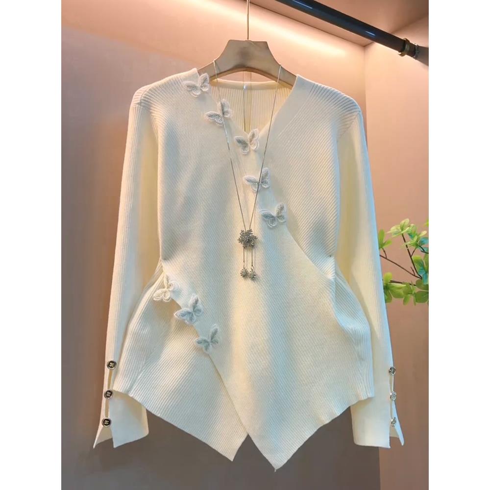 秋季简约新款蝴蝶小清新假两不规则时尚针织衫上衣胖mm大码女装潮