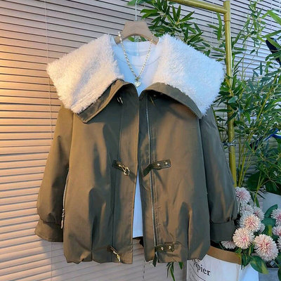 胖妹妹冬季新款大码女装环保毛披肩领设计感上衣气质百搭棉服外套