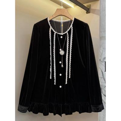 2025冬季新款大码女装轻奢丝绒蕾丝上衣打底衫显瘦百搭上衣内搭潮