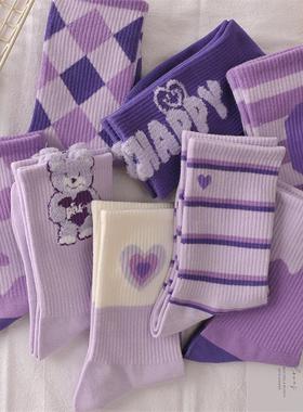 紫色袜子女中筒ins潮棉质学生运动羽毛纱外穿时尚小熊秋冬中筒袜