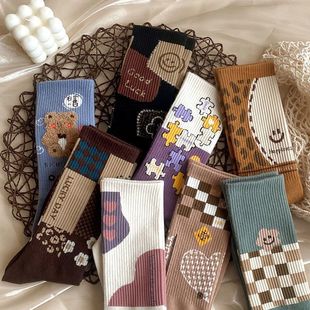 ins潮韩版 百搭秋冬加厚高筒棉袜复古色运动凤学生袜长筒袜子女