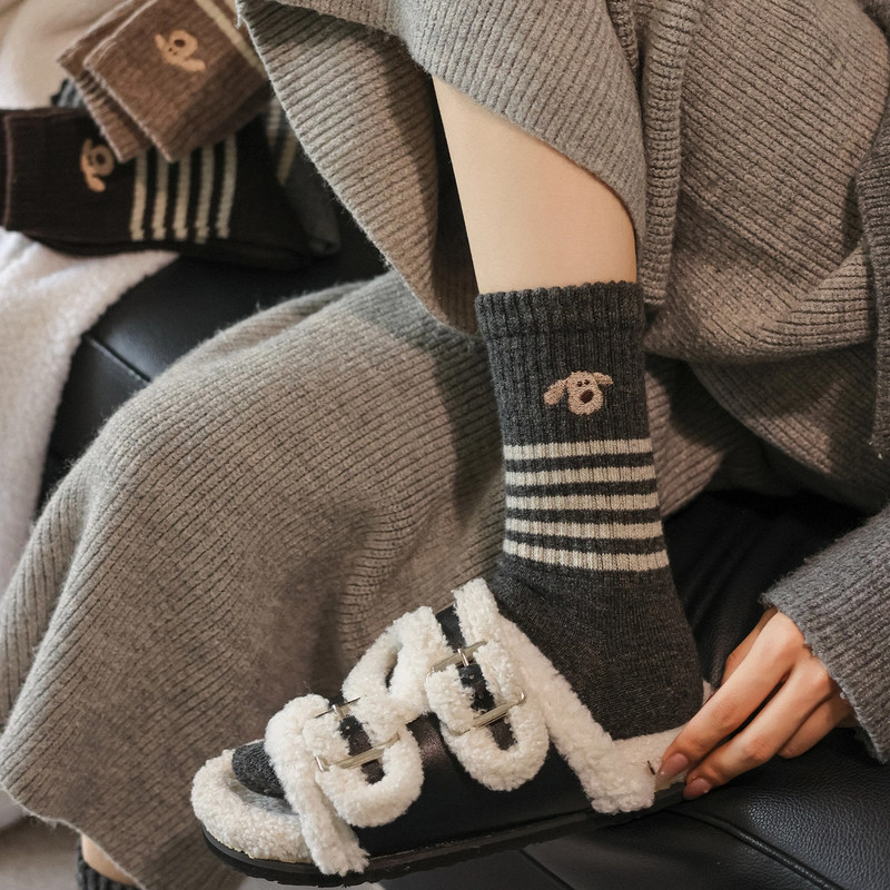 6双纯棉羊毛条纹袜子女中筒袜秋冬季加厚保暖可爱狗头冬天长袜堆T,女士内衣/男士内衣/家居服,中筒袜,淘宝优惠券,粉丝福利购,淘宝优惠卷