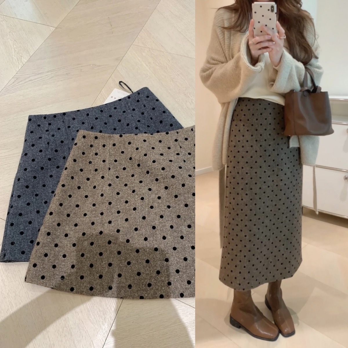 JM06植绒波点毛呢小a字半身裙