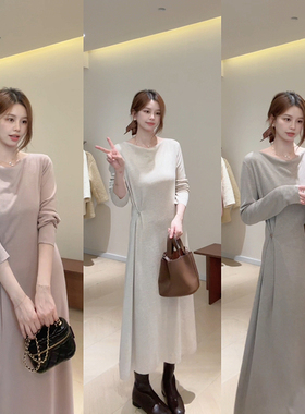 KG10一粒扣可调节荡领针织裙打底连衣裙