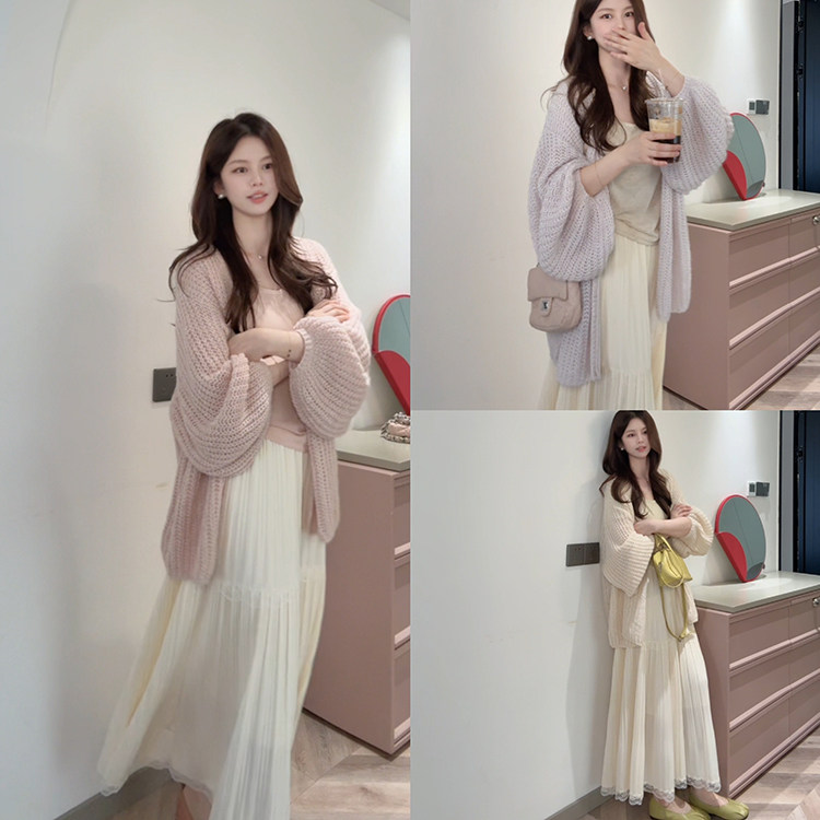 KD26慵懒大袖子混色氛围感大开衫