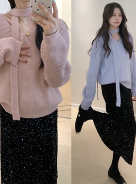 氛围感挂脖飘带慵懒V领毛衣显瘦长袖HS13