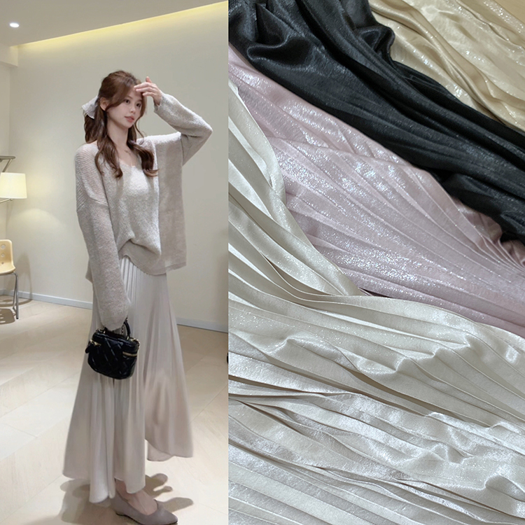 KD27碎闪压褶缎面气质半身裙