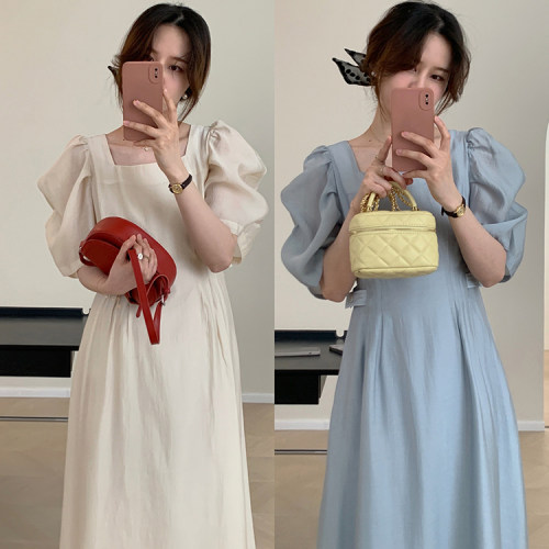 左公斤右千克方领泡泡袖连衣裙女