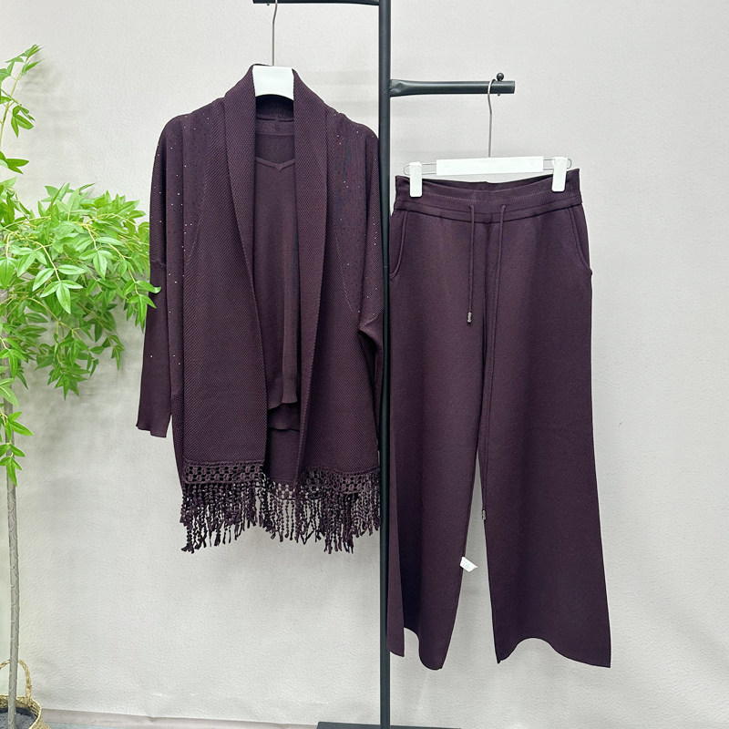 流苏披肩长袖针织斗篷三件套欧版时尚外套套装毛衣针织开衫6018H