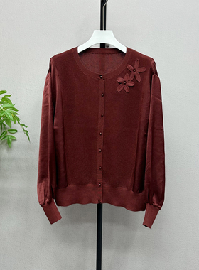 圆领单排扣醋酸立体花朵大码针织开衫女秋季宽松减龄上衣女737H
