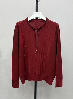 冬新款百搭时尚显瘦女士圆领系带竖扣冰麻长袖女针织上衣87307H