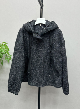 欧洲站毛呢外套连帽毛呢拼接气质时髦蝙蝠袖大衣短款上衣56046H