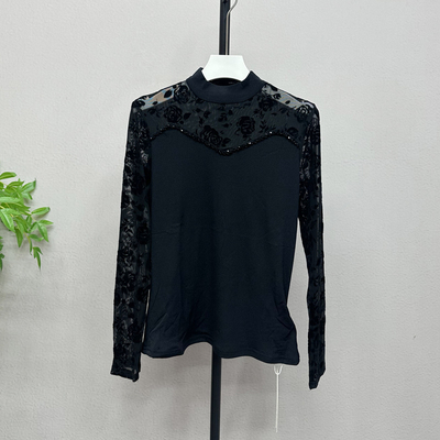 半高领蕾丝打底衫妈妈春季显瘦长袖l恤网纱女中年小衫上衣8067H