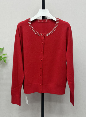 冬新款圆领镶钻精纺针织开衫女宽松羊毛休闲小香风外搭上衣29720X