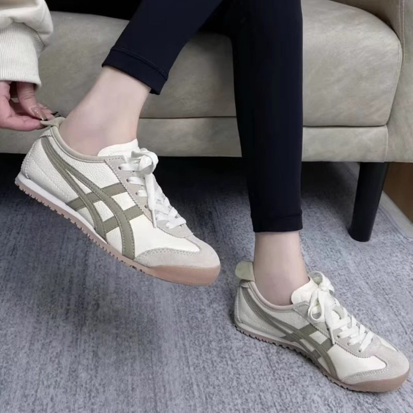 鬼冢同款真皮灰棕色德训男女一脚蹬老虎鞋懒人阿甘鞋运动休闲鞋垫