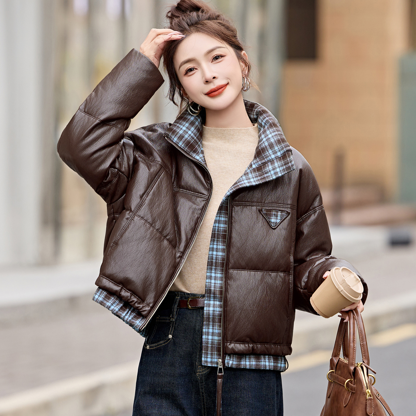 爆款免洗PU皮羽绒服女短款冬季新款胖MM宽松加厚白鸭绒保暖皮外套