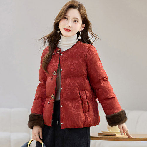 新中式国风羽绒服女短款冬装新款胖MM今年流行红色爆款白鸭绒外套