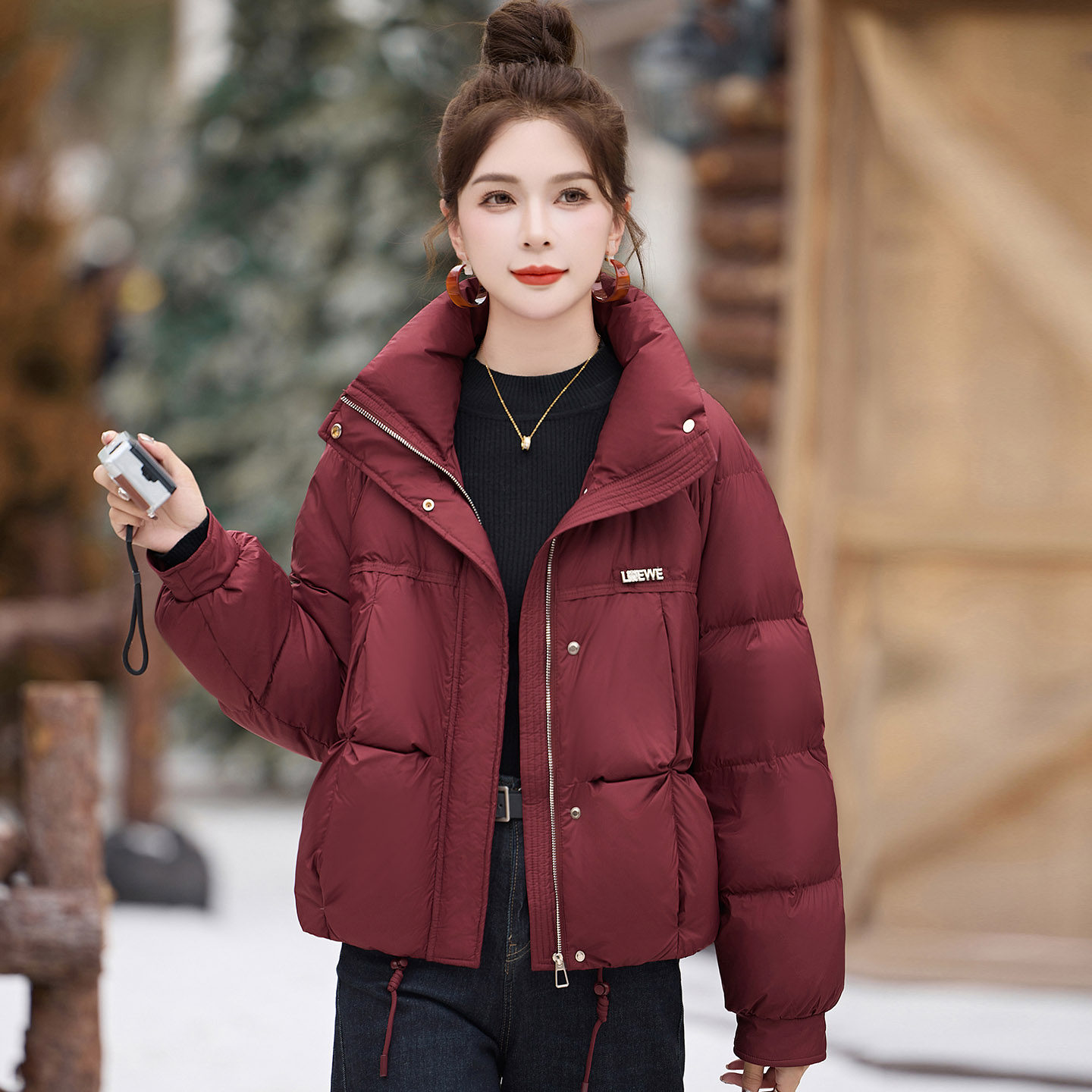 大码宽松红色短款羽绒服女