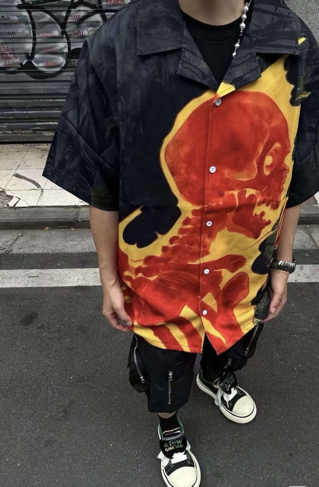 偏大 国潮火焰骷髅头男装宽松夏季短袖衬衫