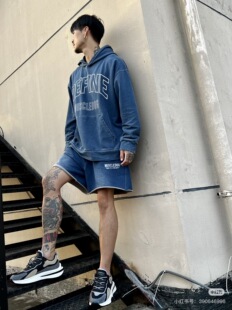 大码肌肉狗 男款牛仔蓝宽松版型帽衫卫衣