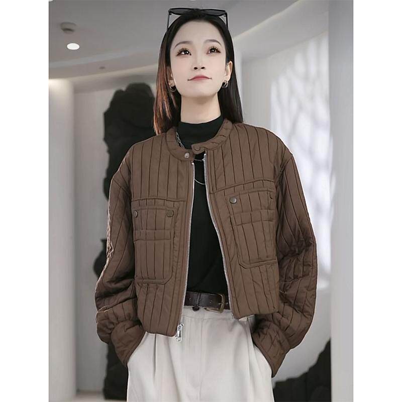 短款棉服竖条纹保暖简约宽松棉