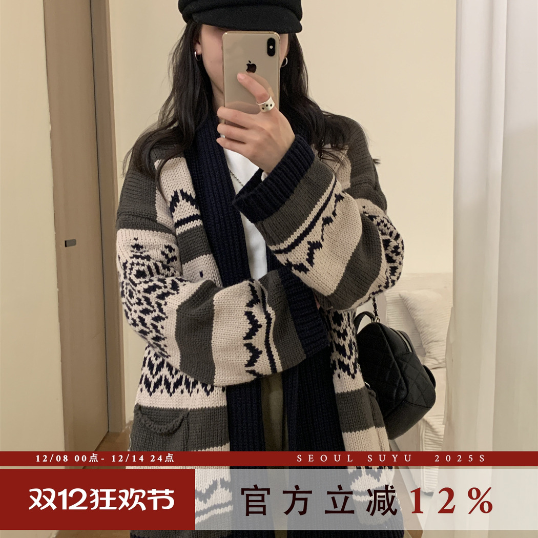 休闲风加厚提花中长款开衫上衣女