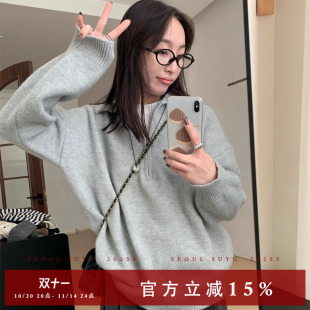 百搭宽松显瘦针织衫 时尚 韩版 新款 女 学院风polo半拉链毛衣2025秋季