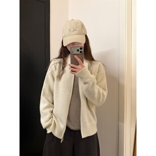 韩系华夫格立领双拉链开衫毛衣女2026秋冬显瘦百搭复古上衣外套