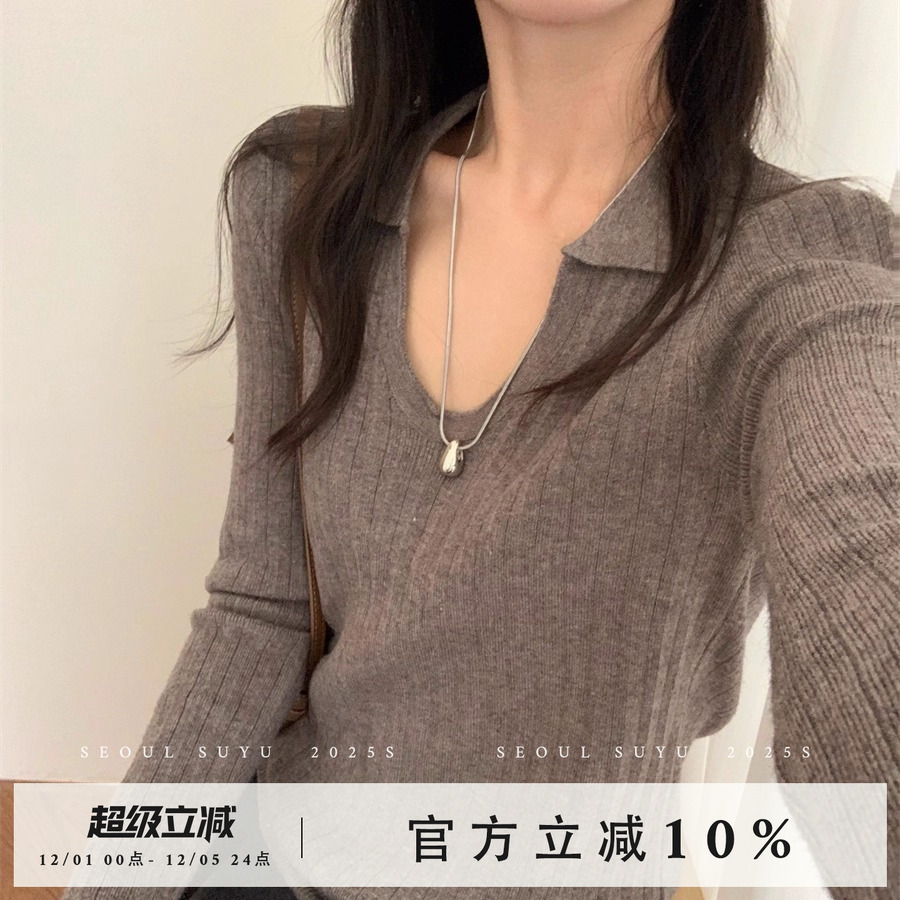 韩系休闲风翻领设计感针织衫