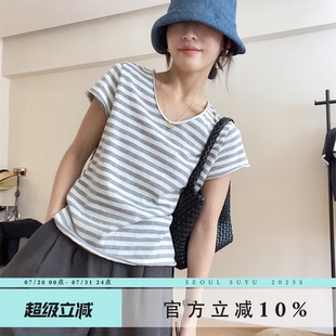 新款 韩版 T恤2025夏季 时尚 简约百搭轻薄显瘦上衣 设计感v领条纹短袖