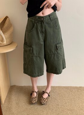 美式复古军绿工装八分裤女牛