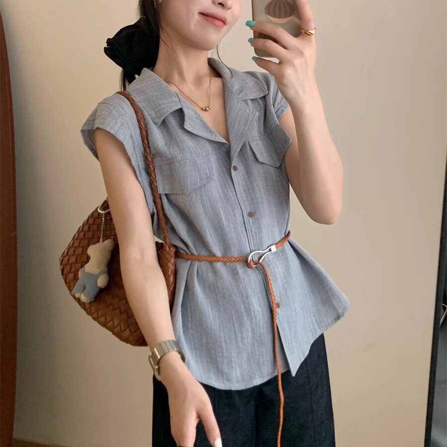韩版设计感天丝腰带短袖衬衫女2025夏季新款修身显瘦翻领百搭上衣