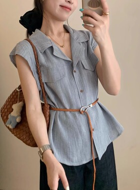 韩版设计感天丝腰带短袖衬衫女2025夏季新款修身显瘦翻领百搭上衣